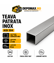 Teava patrata inox AISI 304, 25 x 25 x 2 mm, 6 metri
